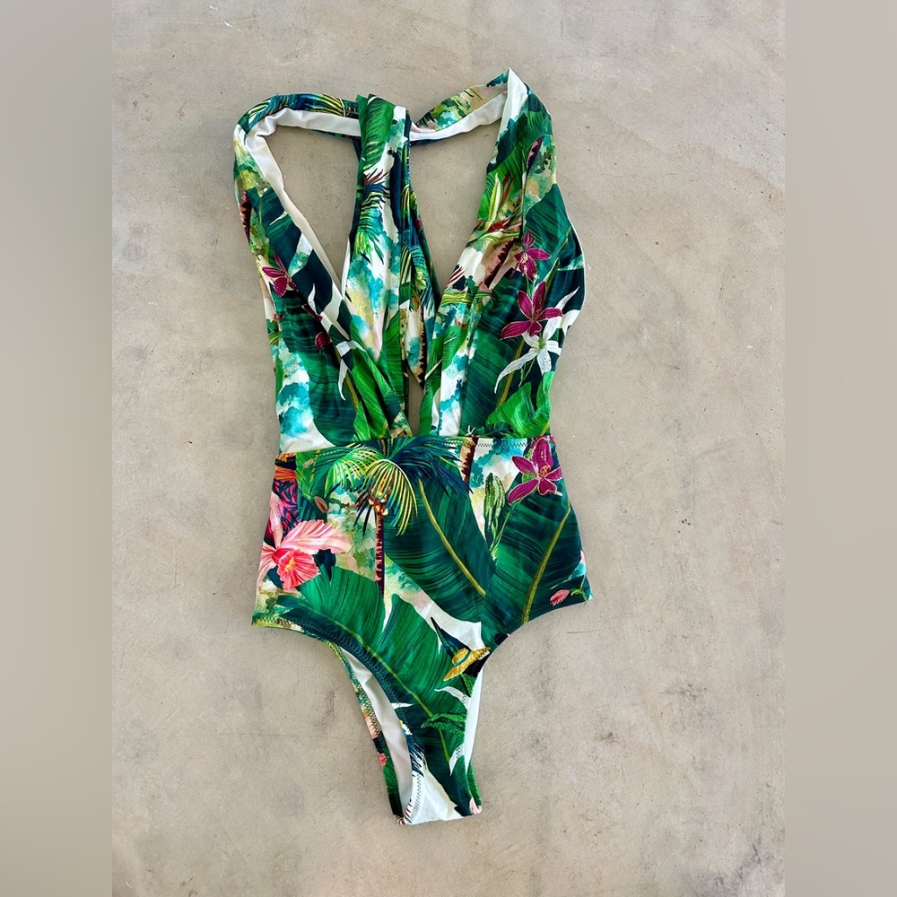 Tropical halter plunge swimsuit, size small